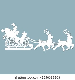 Santa Claus in a sleigh pulled by reindeer. Template for laser cutting from paper, wood, cardboard, metal. For the design of Christmas and New Year decor, cards, stickers, interior decorations, stenci