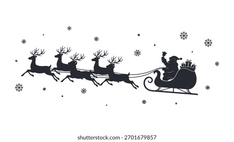 Santa Claus sleigh pulled by reindeer with gifts and snowflakes