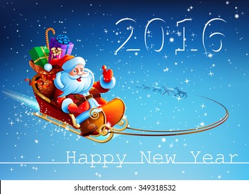 Santa Claus in a sleigh pulled by reindeer flying in the night sky. Gifts for children. Happy New Year. Merry Christmas. Design, picture, illustration, image. Vector. Icon.
