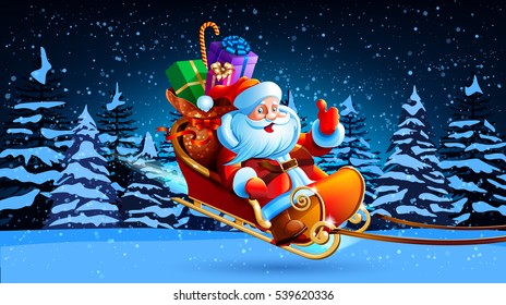 Santa Claus in a sleigh pulled by reindeer flying in the night sky. Gifts for children. Happy New Year. Merry Christmas. Design, picture, illustration, image. Vector. Icon.