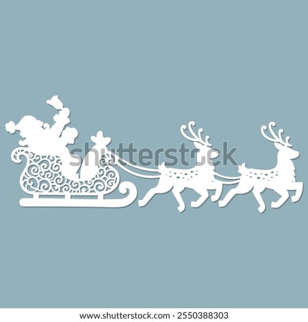 Santa Claus in a sleigh pulled by reindeer. Template for laser cutting from paper, wood, cardboard, metal. For the design of Christmas and New Year decor, cards, stickers, interior decorations, stenci
