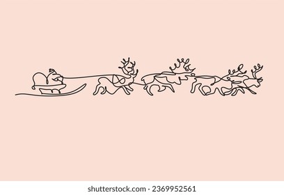 Santa Claus in a sleigh with reindeer 2024. One line drawing.