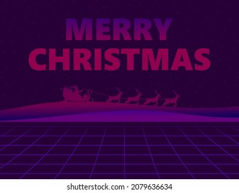 Santa Claus in a sleigh with reindeer in 80s virtual reality. Synthwave and retrowave style. Merry Christmas lettering. Design of a greeting card, banner and promoted products. Vector illustration