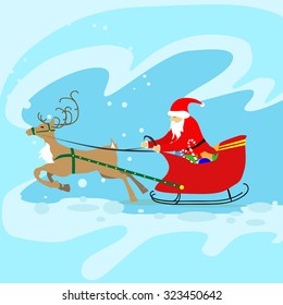 Santa Claus Sleigh Reindeer Christmas New Year Card Vector Illustration