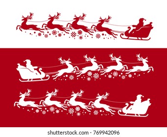 Santa Claus in sleigh with reindeer. Christmas, xmas concept. Silhouette vector illustration