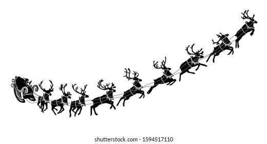 Santa Claus sleigh with reindeer. Santa delivering gifts and presents. Vector Illustration