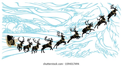 Santa Claus sleigh with reindeer. Santa delivering gifts and presents. Vector Illustration