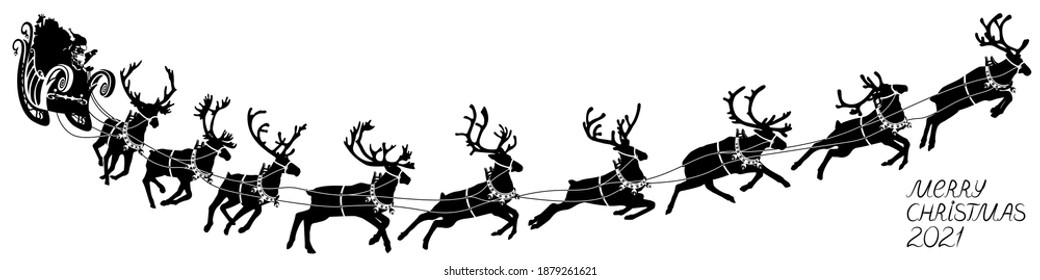 Santa Claus sleigh with reindeer. Santa delivering gifts and presents. Vector Illustration