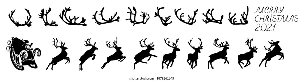 Santa Claus sleigh with reindeer. Santa delivering gifts and presents. Vector Illustration