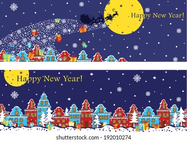 Santa Claus sleigh with reindeer fly over the city and throws gifts on the background of the moon . A city in the Dutch style. Happy New year! Horizontal banner set