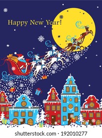 Santa Claus sleigh with reindeer fly over the city and throws gifts on the background of the moon . A city in the Dutch style. Happy New year! Greeting card,invitation,background.