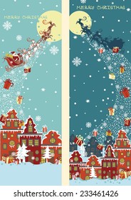 Santa Claus sleigh with reindeer fly over the city and throws gifts on the background of the moon . New year,Christmas Greeting card,invitation,background.Vertical banner set