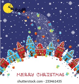 Santa Claus sleigh with reindeer fly over the city and throws gifts on the background of the moon.Room for text. New year,Christmas Greeting card,invitation,background in square.