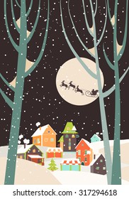 Santa Claus sleigh with reindeer fly over the city and throws gifts on the background of the moon. Vector greeting card