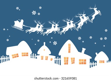 Santa Claus Sleigh Reindeer Fly Sky over House Christmas New Year Card Vector Illustration