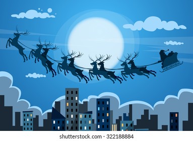 Santa Claus Sleigh Reindeer Fly Sky over City Skyscraper Night View Cityscape Snow Skyline Christmas New Year Card Vector Illustration