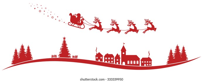 santa claus sleigh reindeer fly red landscape