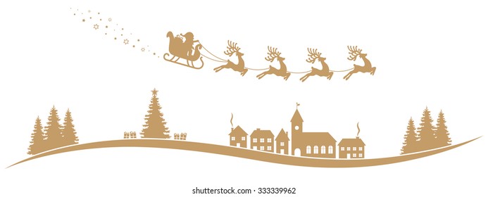 santa claus sleigh reindeer fly gold landscape