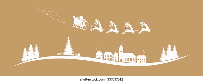 santa claus sleigh reindeer fly gold landscape