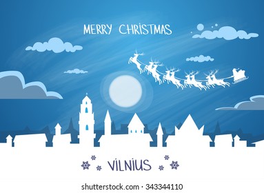 Santa Claus Sleigh Reindeer Fly Lithuania Sky over Vilnius City Silhouette Night Cityscape Snow Skyline Christmas New Year Card Vector Illustration