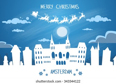 Santa Claus Sleigh Reindeer Fly Holland Sky over Amsterdam City Silhouette Night Cityscape Snow Skyline Christmas New Year Card Vector Illustration