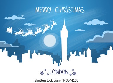 Santa Claus Sleigh Reindeer Fly Great Britain Sky over London City Silhouette Night Cityscape Snow Skyline Christmas New Year Card Vector Illustration