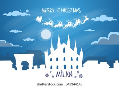 Santa Claus Sleigh Reindeer Fly Italy Sky over Milan City Silhouette Night Cityscape Snow Skyline Christmas New Year Card Vector Illustration