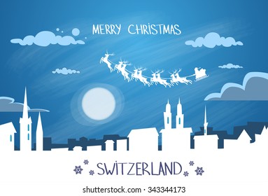 Santa Claus Sleigh Reindeer Fly Sky over Switzerland Silhouette Night Cityscape Snow Skyline Christmas New Year Card Vector Illustration