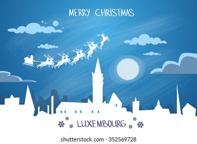 Santa Claus Sleigh Reindeer Fly Sky over Luxembourg City Silhouette Night Cityscape Snow Skyline Christmas New Year Card Vector Illustration