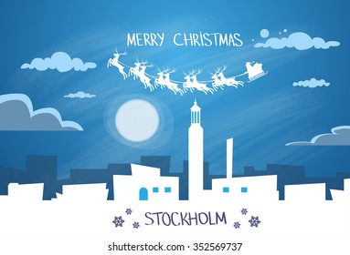 Santa Claus Sleigh Reindeer Fly Sweden Sky over Stockholm City Silhouette Night Cityscape Snow Skyline Christmas New Year Card Vector Illustration