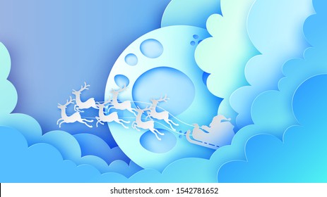 Santa Claus in a sleigh with reindeer flying on Christmas night sky. Merry Christmas. paper cut and craft style. vector, illustration.