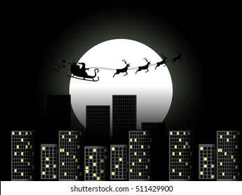 Santa Claus in a sleigh in a reindeer sleigh flying over the city. Santa Claus in a sleigh on a background of the moon. Vector illustration.
