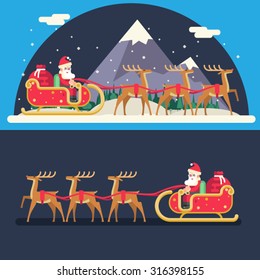 Santa Claus Sleigh Reindeer Gifts Winter Snow Landscape New Year Christmas Night Background Flat Design Icon Template Vector Illustration