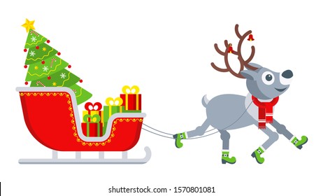 Santa Claus sleigh and reindeer harness. Greeting card for Merry Christmas and Happy New Year. Flat vector Illustration for flyer and booklet, brochure and website.