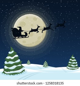 Santa Claus in a sleigh with a reindeer harnesse against the night sky and the moon. Vector illustration