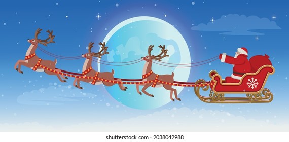 Santa Claus with sleigh and reindeer on a big full moon. Christmas vector illustration.