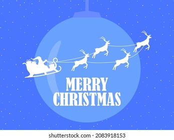 Santa Claus in a sleigh with reindeer on the background of the Christmas ball. Outline Santa Claus and reindeer. Festive design for greeting cards, posters and banners. Vector illustration