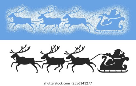 Santa Claus sleigh and reindeer. Set of snow spray stencils for winter holidays, Christmas and New Year celebration. Cute decoration for windows, walls, any surface. Sprinkle stencil print. Vector