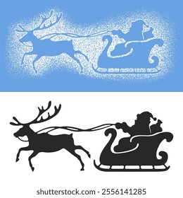 Santa Claus sleigh and reindeer. Set of snow spray stencils for winter holidays, Christmas and New Year celebration. Cute decoration for windows, walls, any surface. Sprinkle stencil print. Vector