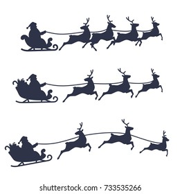 Santa Claus Sleigh And Reindeer Set, Black And White Vector Illustration.