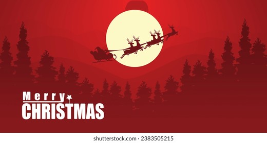 Santa Claus with sleigh and reindeer silhouette on a big full moon in the pine forest