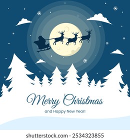 Santa claus with sleigh and reindeer silhouette on a big full moon in the pine forest suitable for Christmas and Happy New Year festival card