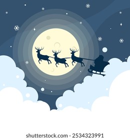 Santa claus with sleigh and reindeer silhouette on a big full moon in the night for Christmas and Happy New Year festival card