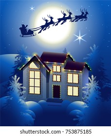 Santa Claus in sleigh reindeer silhouette in background of full moon in night sky. Christmas house illumination in winter forest. Vector illustration greeting card