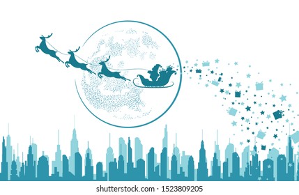 Santa Claus in sleigh and reindeer sled on background of full moon. Santa Claus flying over the city and gives gifts.  Merry Christmas and happy New year. Isolation. Vector illustration