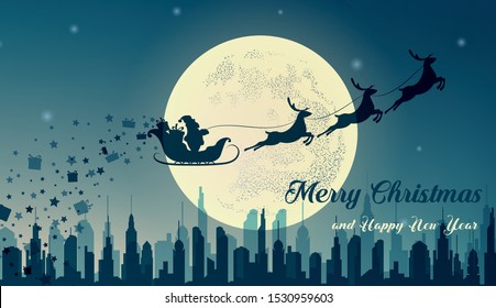 Santa Claus in sleigh and reindeer sled on background of full moon. Santa Claus flying over the city and gives gifts.  Merry Christmas and happy New year. Vector illustration
