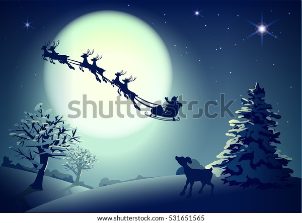 Vintage Greeting Card Christmas Santa Claus Sleigh Reindeer Sky
