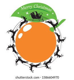 Santa Claus in a sleigh and with reindeer spinning around orange. Vector illustration