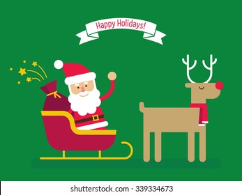 Santa Claus in a sleigh with reindeer that carry the xmas gifts. Christmas Holiday vector illustration flat style for greeting card, poster, banner. 