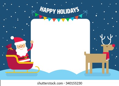 Santa Claus in a sleigh with reindeer that carry the xmas gifts. Christmas Holiday vector illustration flat style for greeting card, poster, banner. Blank banner for your text.